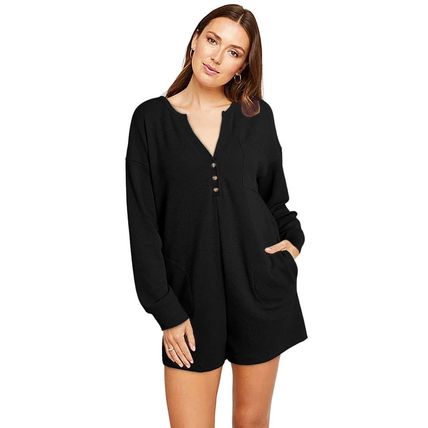 Black Brushed Ribbed Button Split V Neck Long Sleeve Romper
