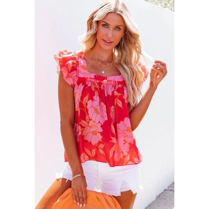 Red Floral Square Neck Ruffle Sleeve Blouse