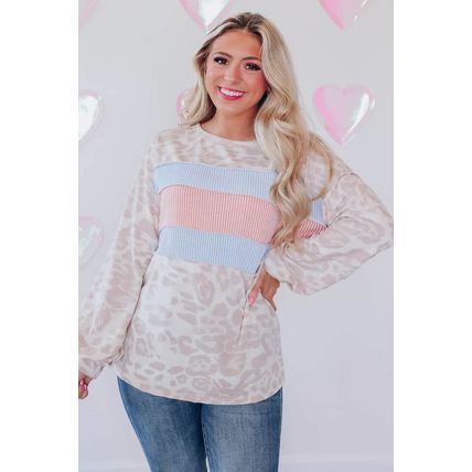 Leopard Animal Print Contrast Stripes Patchwork Puff Sleeve Knit Top
