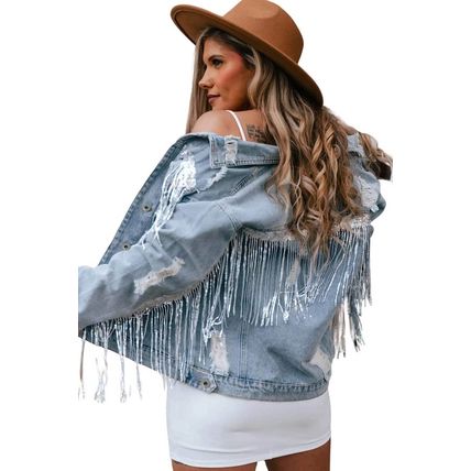 Sky Blue Sequin Embellished Fringe Distressed Denim Jacket