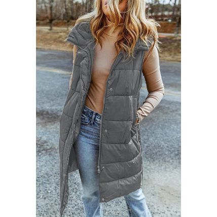 Dark Grey Hooded Long Quilted Vest Coat