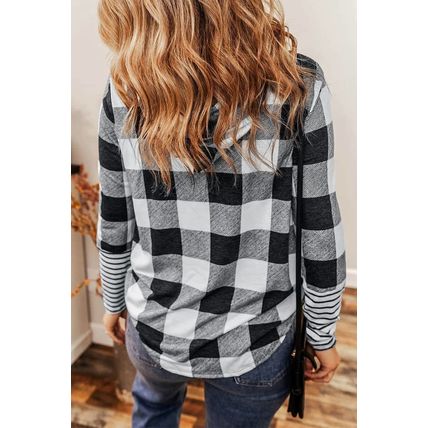 Multicolour Plaid Striped Patchwork Drawstring Hoodie