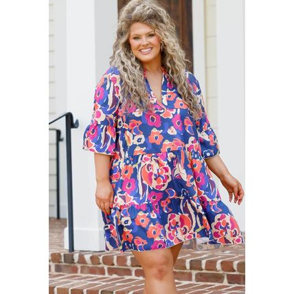 Blue Plus Size Floral Print Ruffled 3/4 Sleeve Mini Dress