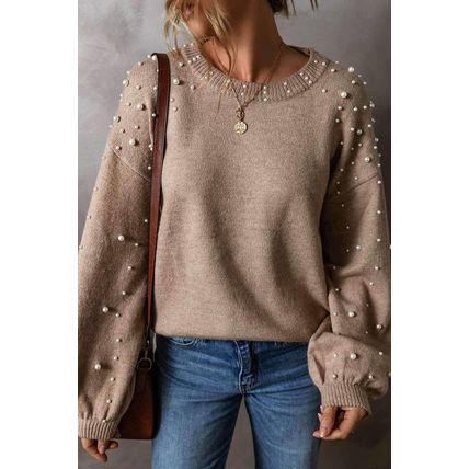 Smoke Gray Pearled Drop Shoulder Round Neck Sweater