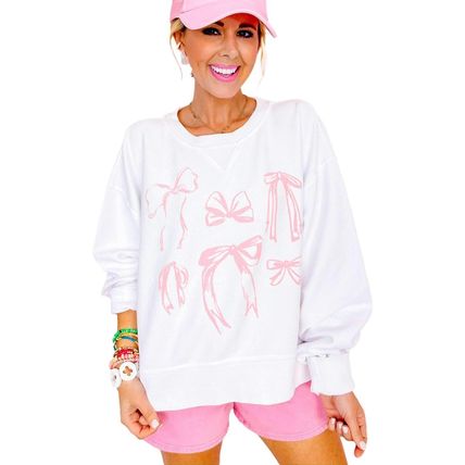 White Bowknot Pattern Corded Long Sleeve Drop Shoulder Top