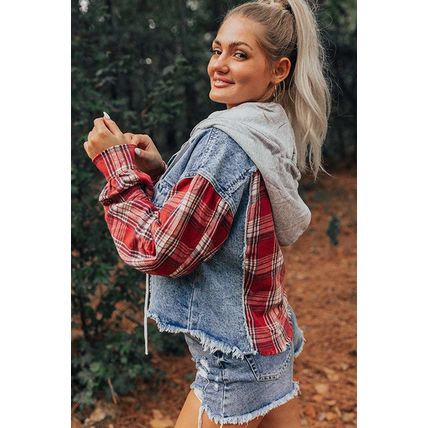 Beau Blue Plaid Print Patchwork Hooded Raw Hem Denim Jacket