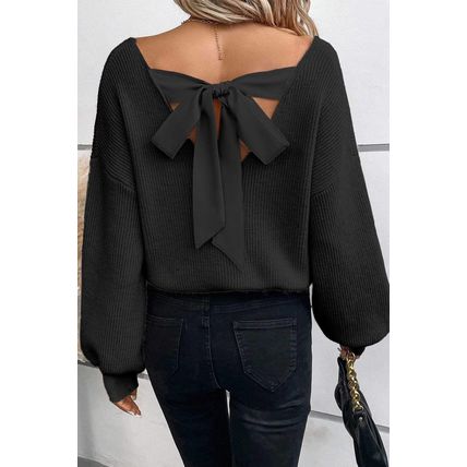 Black Lantern Sleeve V Neck Knot Back Sweater
