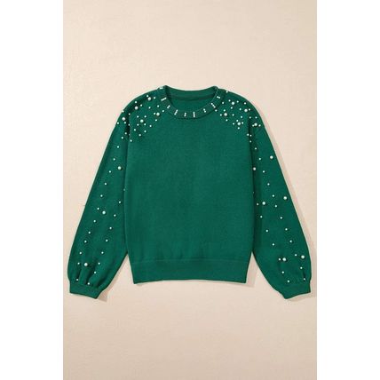Evergreen Pearled Drop Shoulder Round Neck Sweater