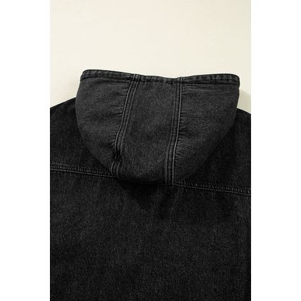 Black Big Chest Pocket Drop Shoulder Hooded Denim Jacket