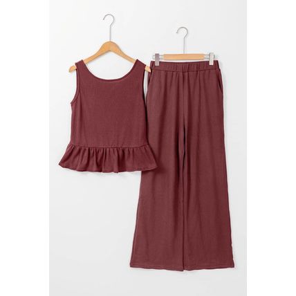 Red Dahlia Solid Color Ribbed Ruffle Tank Top and Pants Set