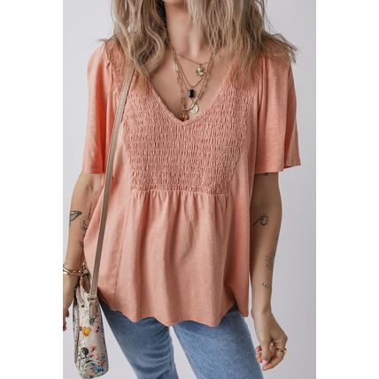Fushia Smocked Front V Neck Pleated Babydoll Short Sleeve Top