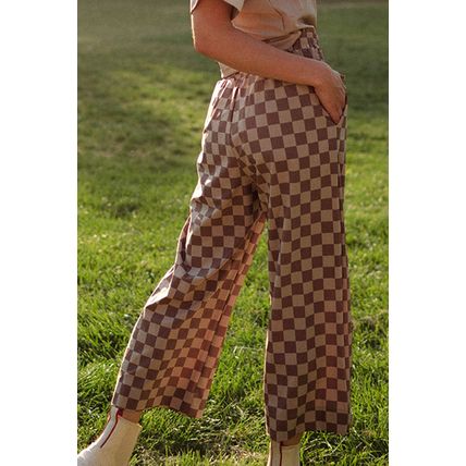 Khaki Checkered Elastic High Waist Loose Casual Pants