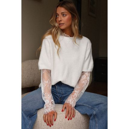Beige Lace Sleeve Patchwork Faux Two-piece Fuzzy Sweater