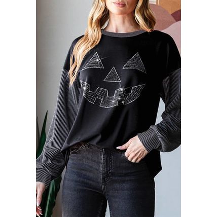 Black Halloween Rhinestone Pumpkin Face Contrast Ribbed Long Sleeve Patchwork To