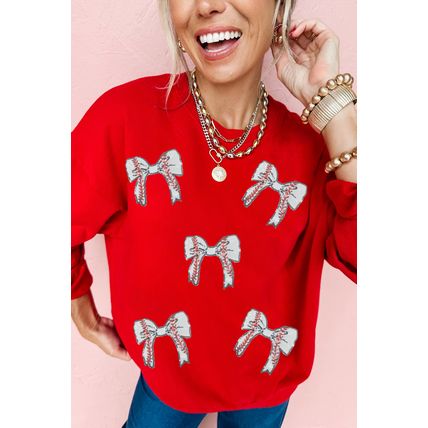Red Sequined Baseball Bow Graphic Plus Size Sweatshirt