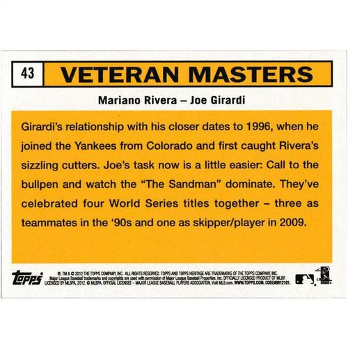2012 Topps Heritage - #43 - Veteran Masters Mariano Rivera / Joe Girard