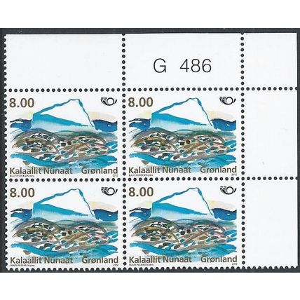 Mi 609: 8 Kr. x 4 mult. NORDEN: Life by the Sea, top right plate block G 486.