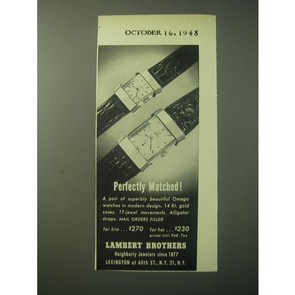 1948 Lambert Brothers Omega Watches Ad - Perfectly Matched!