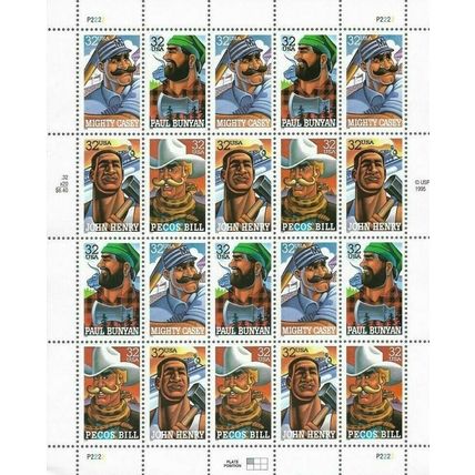 Folk Heroes Sheet of Twenty 32 Cent Postage Stamps Scott 3083-86