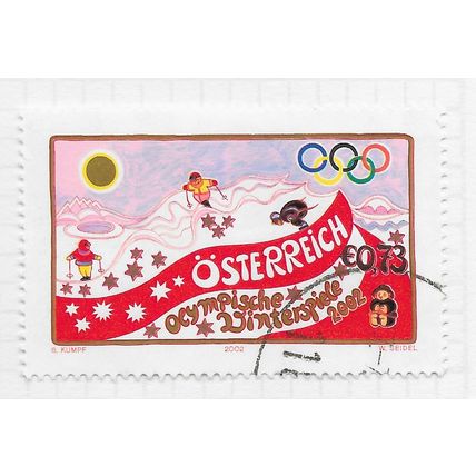 AUSTRIA 2002 WINTER OLYMPICS USED GAMES RINGS CARTOON SKIERS