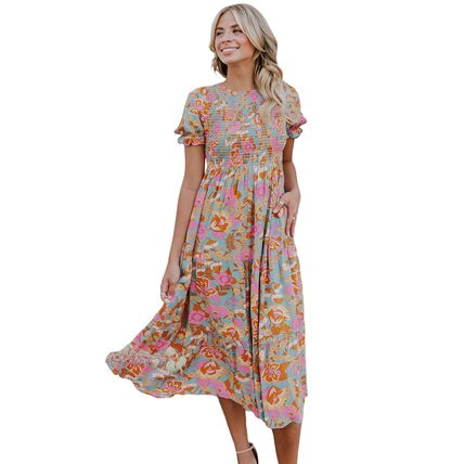 Sky Blue Floral Bubble Sleeve Smocked Flowy Ruffle Dress