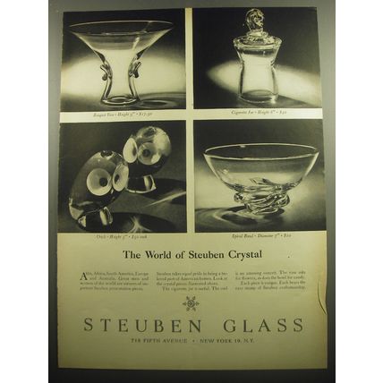 1958 Steuben Glass Advertisement - Bouquet Vase, Cigarette Jar, Owls, Bowl