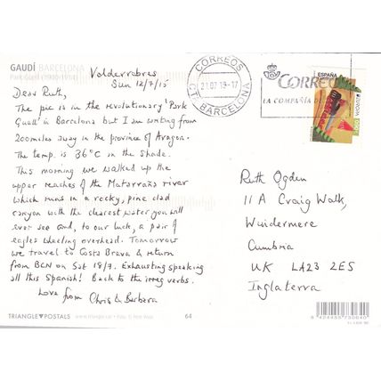 Guadi Park Guell Fountain Barcelona Postcard posted 2019 VGC