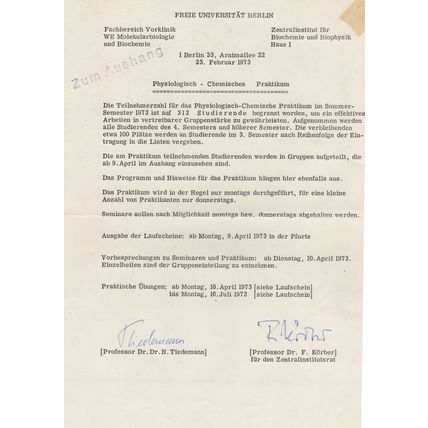 Dr Heinz Tiedermann Berlin German Biologist Chemist Hand Signed Document