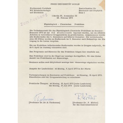 Dr Heinz Tiedermann Berlin German Biologist Chemist Hand Signed Letter