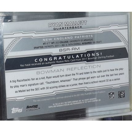 2011 Bowman Sterling RYAN MALLETT (Patriots) Rookie Card Jersey Patch 25/299