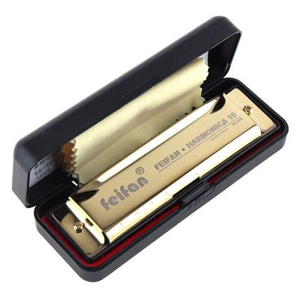 10 Holes 20 Tone Matte Gold/Black Portable Harmonica Blues Harp Mouth Organ