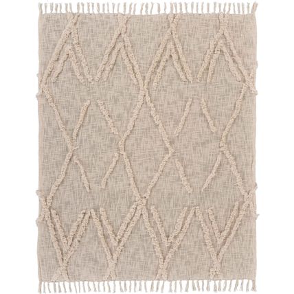 Beige Woven Cotton Geometric Throw Blanket