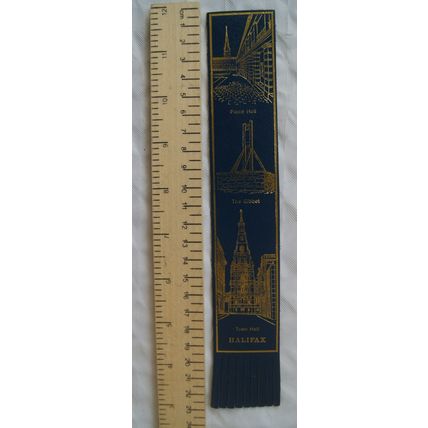 Vintage: blue leather bookmark - Halifax, Piece Hall, The Gibbet, Town Hall