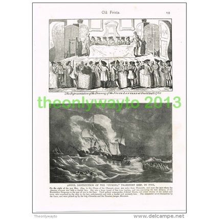STATE LOTTERY 1763 GUILDHALL & DESTRUCTION OF 'EUROPA' 1854, Illustration, c1895