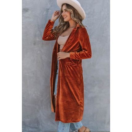 Brown Retro Velvet Long Sleeve Pocket Coat