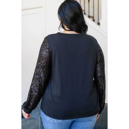 Black Sequin Contrast Long Sleeve Plus Size Top