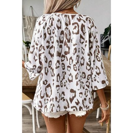 Khaki Leopard Print Ruched V Neck 3/4 Sleeve Blouse