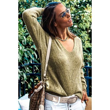 Sage Green Solid Eyelet Drop Shoulder V Neck Sweater