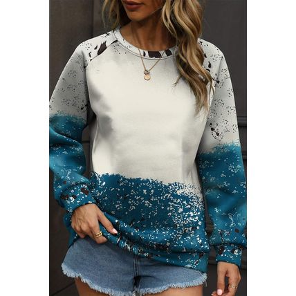 Blue Tie Dye Cow Color Block Pullover Sweatshirt