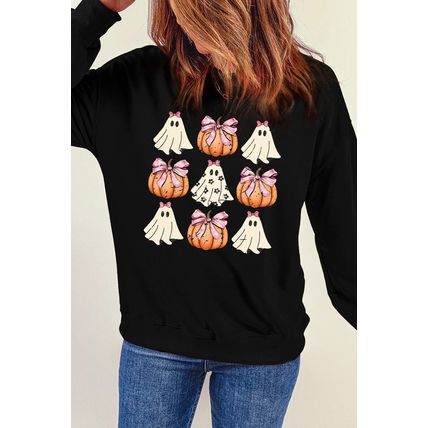 Black Halloween Bowknot Ghost Pumpkin Graphic Crewneck Sweatshirt