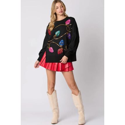 Black Bright Christmas Lights Sequined Oversized Sweatshirt