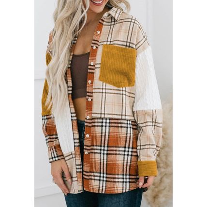 Orange Plaid Color Block Patchwork Shirt Jacket with Pocket