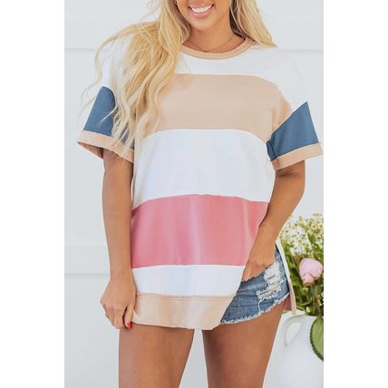 Multicolour Colorblock Patchwork Side Split Tunic T Shirt