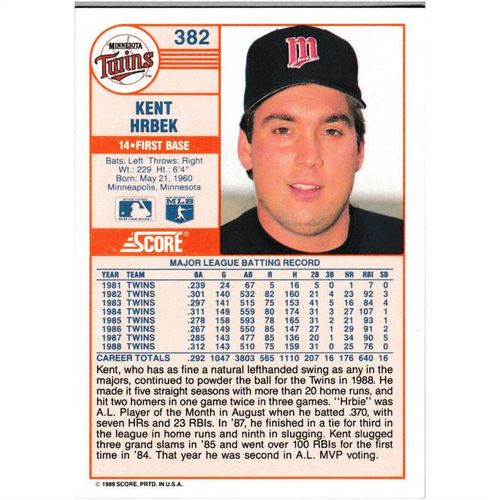 1989 Score - #382 - Kent Hrbek