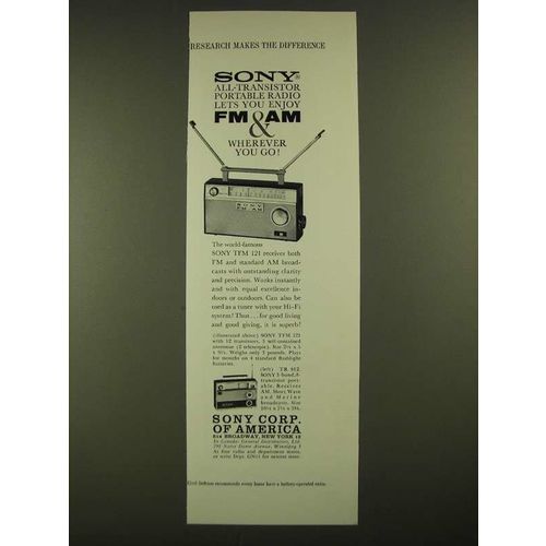 1960 Sony TFM 121 and TR 812 Radios Ad - Research Makes The Diffrence
