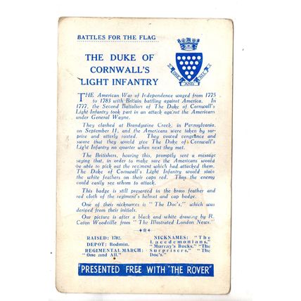 ROVER COMIC TRADE CARD BATTLES FOR THE FLAG"DUKE OF CORNWALL'S LIGHT INFT "1935