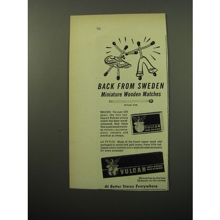 1950 Vulcan Miniature Wooden Matches Ad - Back from Sweden