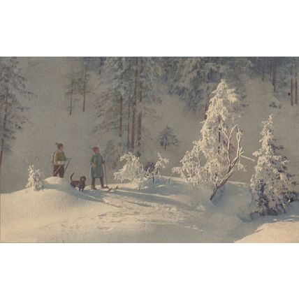 Children On Skis Walking A Dog Adelboden Early Swiss Postcard