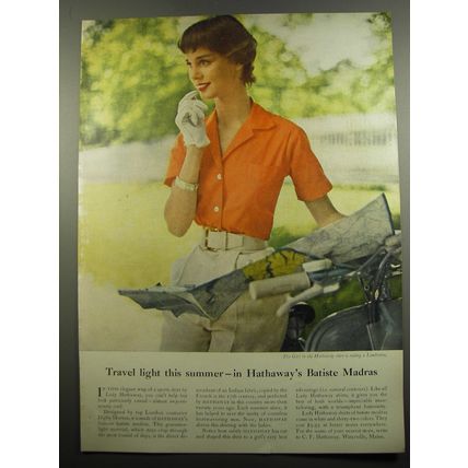 1955 Lady Hathaway Batiste Madras Shirt Ad - Travel light this summer