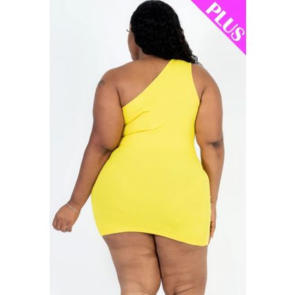 Plus Size Ribbed One Shoulder Cutout Front Casual Mini Bodycon Dress